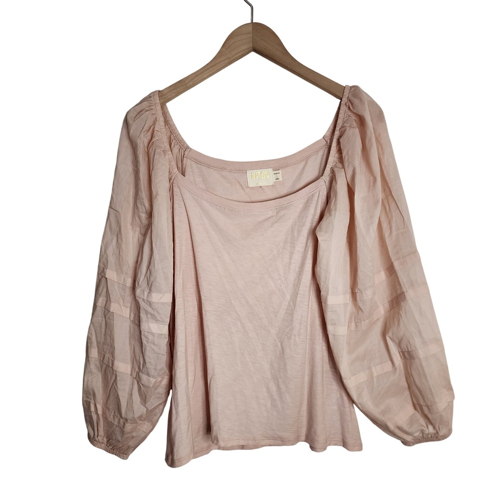 Nation LTD Top Womens L Pink Pima Cotton Puff Sleeve Square Neck Blouse